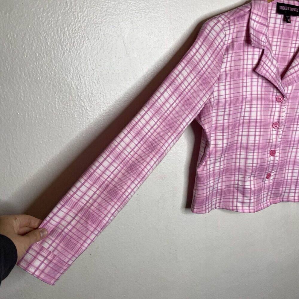 Dolls Kill Tricks N Treatz‎ Pink Plaid Button Up V-Neck Collared Shirt Blazer - Picture 10 of 11